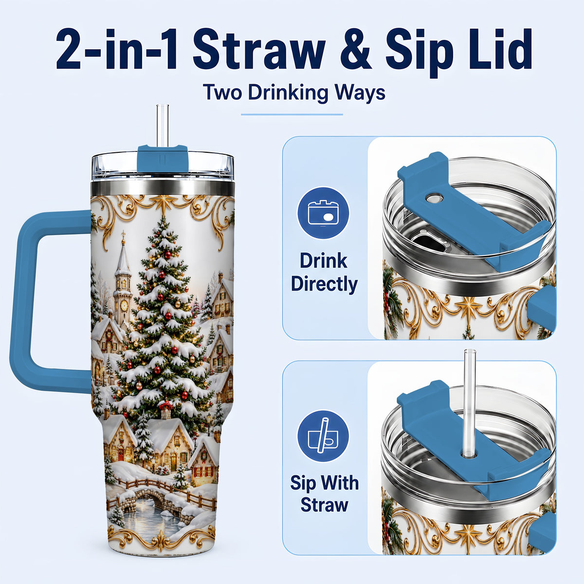 #pl[40oz|Blue] Snowy Village 40oz Tumbler with Handle, Christmas Travel Cup