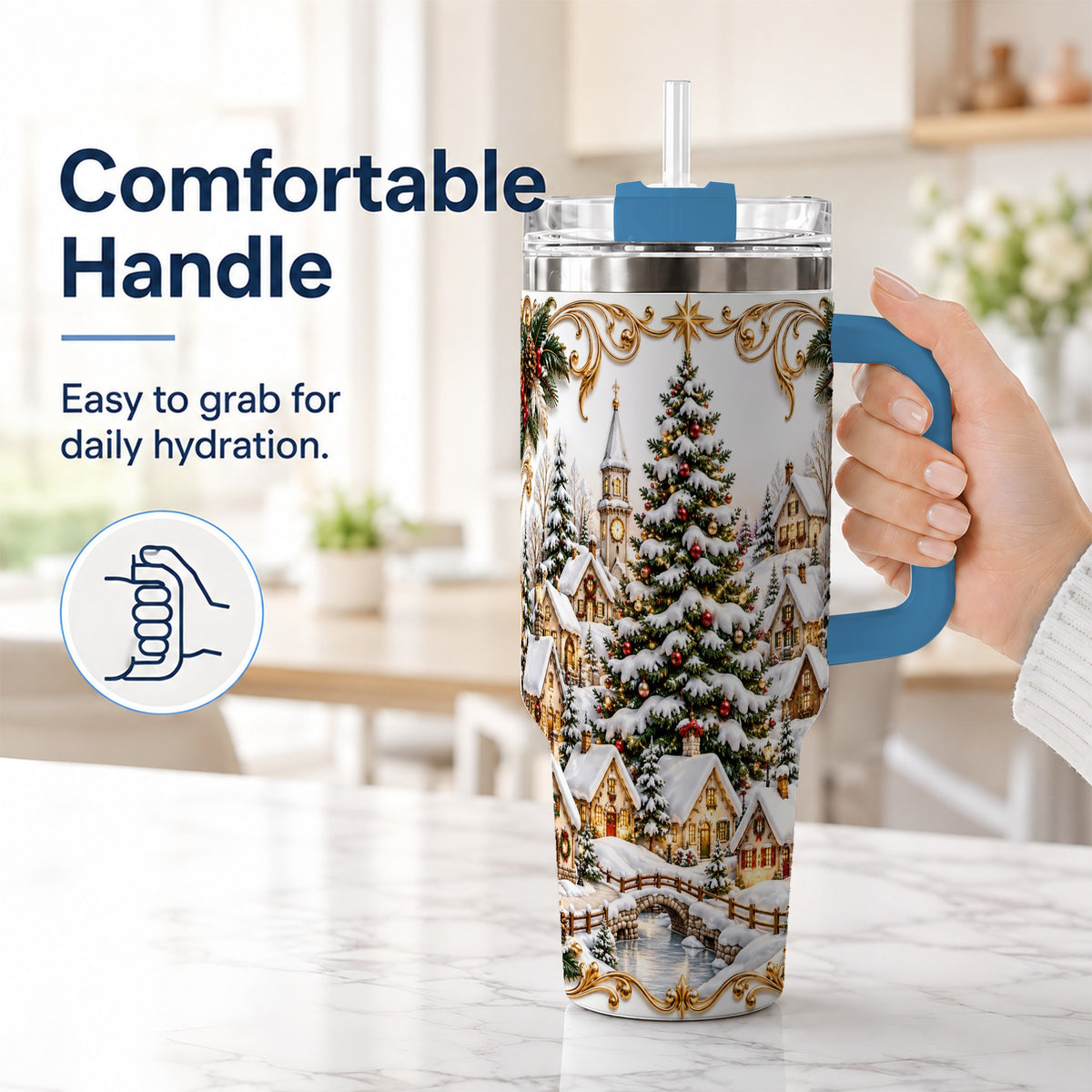 #pl[40oz|Blue] Snowy Village 40oz Tumbler with Handle, Christmas Travel Cup