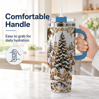 #pl[40oz|Blue] Snowy Village 40oz Tumbler with Handle, Christmas Travel Cup