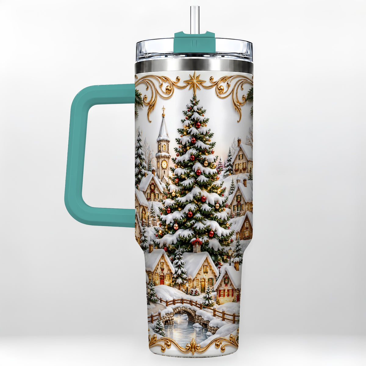 #pl[40oz|Green] Snowy Village 40oz Tumbler with Handle, Christmas Travel Cup
