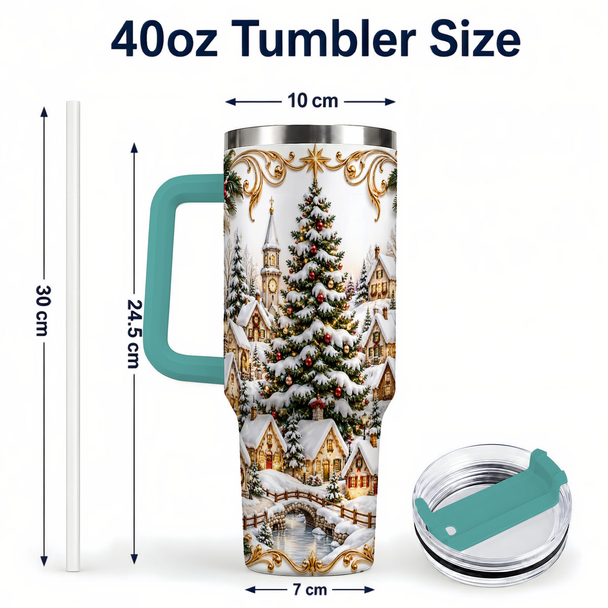 #pl[40oz|Green] Snowy Village 40oz Tumbler with Handle, Christmas Travel Cup