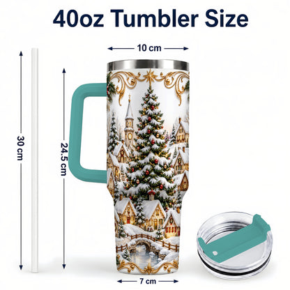 #pl[40oz|Green] Snowy Village 40oz Tumbler with Handle, Christmas Travel Cup