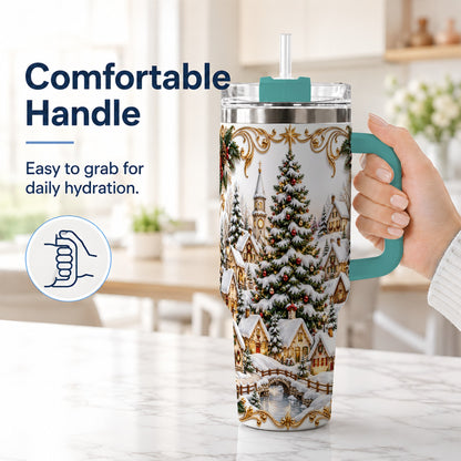#pl[40oz|Green] Snowy Village 40oz Tumbler with Handle, Christmas Travel Cup
