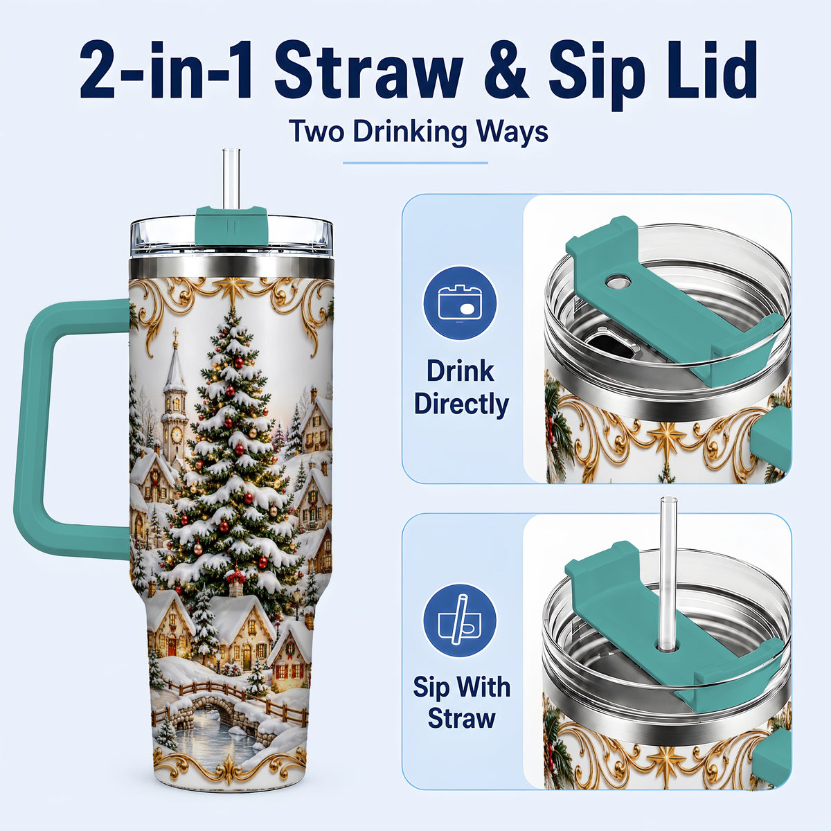 #pl[40oz|Green] Snowy Village 40oz Tumbler with Handle, Christmas Travel Cup