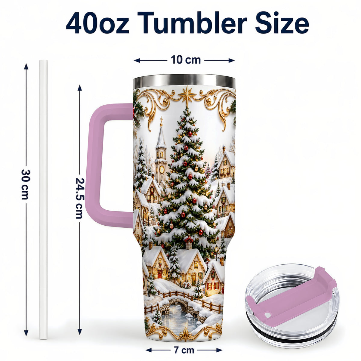 #pl[40oz|Pink] Snowy Village 40oz Tumbler with Handle, Christmas Travel Cup
