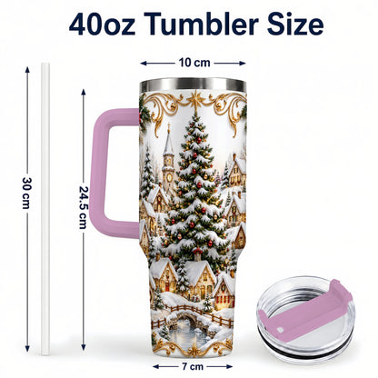 #pl[40oz|Pink] Snowy Village 40oz Tumbler with Handle, Christmas Travel Cup
