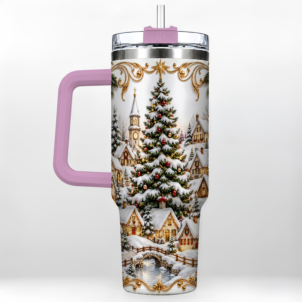 #pl[40oz|Pink] Snowy Village 40oz Tumbler with Handle, Christmas Travel Cup