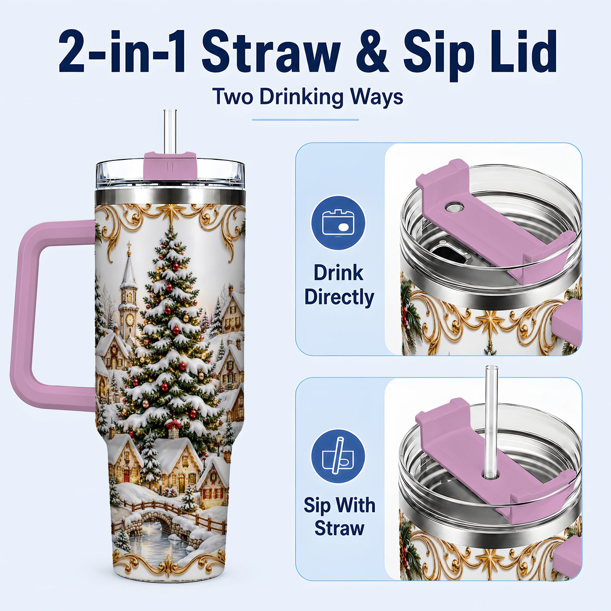 #pl[40oz|Pink] Snowy Village 40oz Tumbler with Handle, Christmas Travel Cup