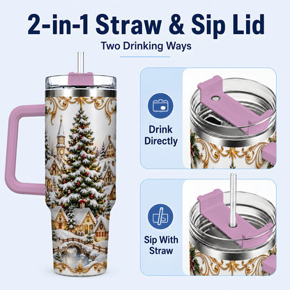 #pl[40oz|Pink] Snowy Village 40oz Tumbler with Handle, Christmas Travel Cup