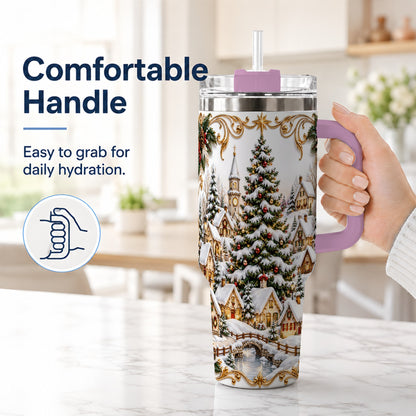 #pl[40oz|Pink] Snowy Village 40oz Tumbler with Handle, Christmas Travel Cup