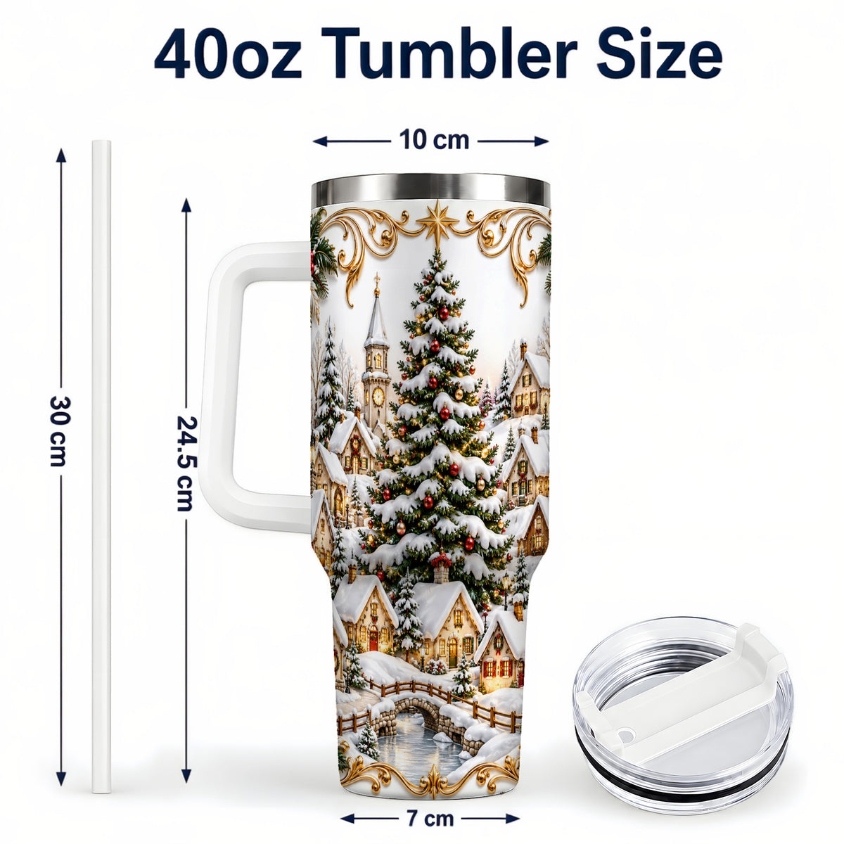 #pl[40oz|White] Snowy Village 40oz Tumbler with Handle, Christmas Travel Cup