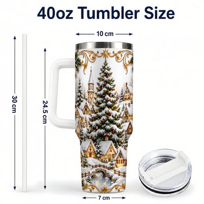 #pl[40oz|White] Snowy Village 40oz Tumbler with Handle, Christmas Travel Cup