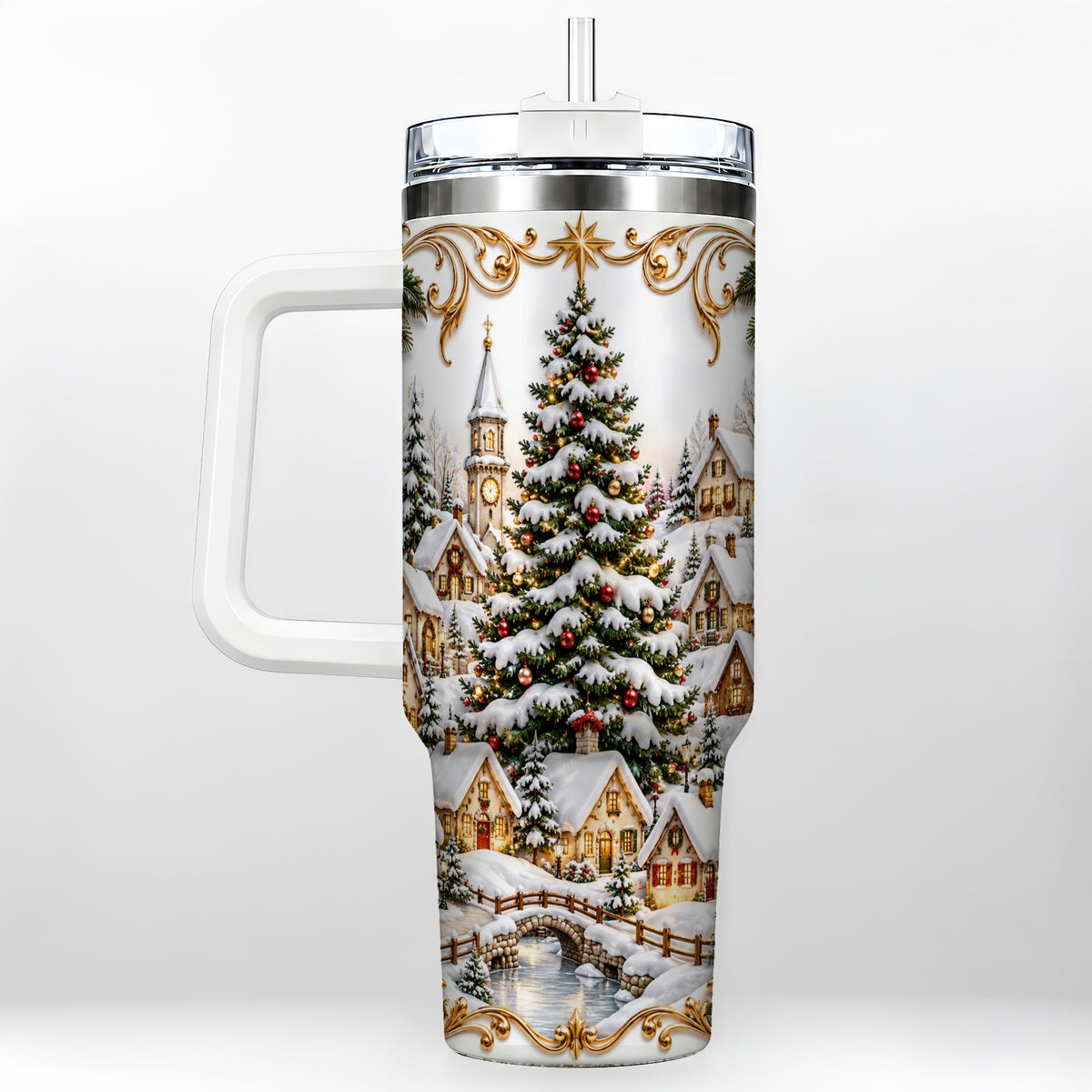 Snowy Village 40oz Tumbler with Handle, Christmas Travel Cup
