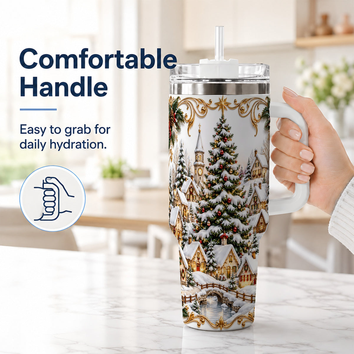 #pl[40oz|White] Snowy Village 40oz Tumbler with Handle, Christmas Travel Cup