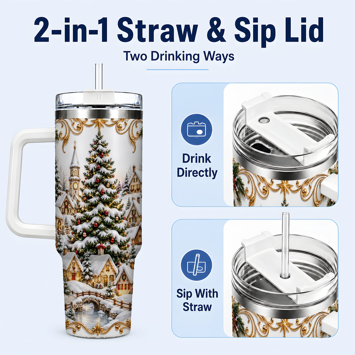 #pl[40oz|White] Snowy Village 40oz Tumbler with Handle, Christmas Travel Cup