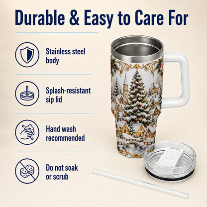 Snowy Village 40oz Tumbler with Handle, Christmas Travel Cup