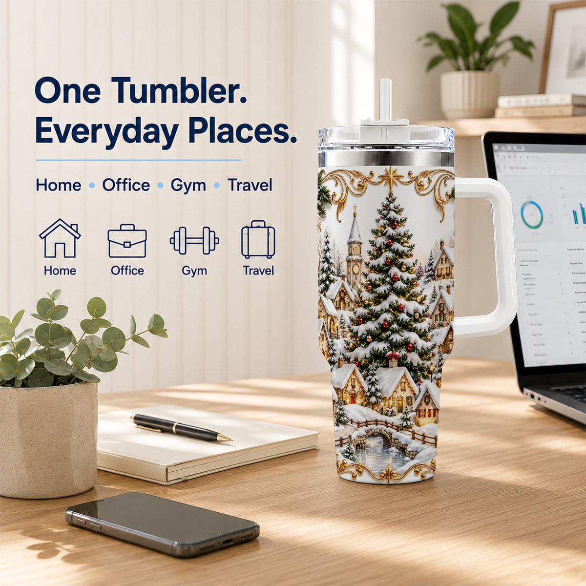 Snowy Village 40oz Tumbler with Handle, Christmas Travel Cup
