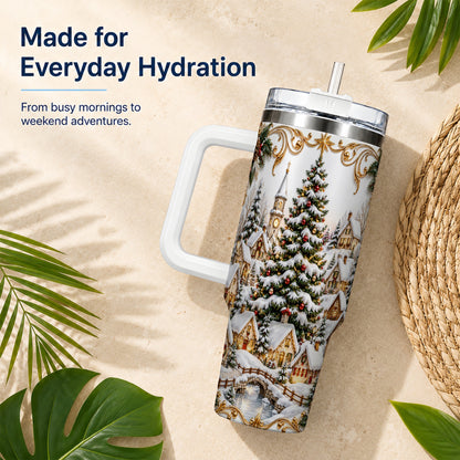 Snowy Village 40oz Tumbler with Handle, Christmas Travel Cup
