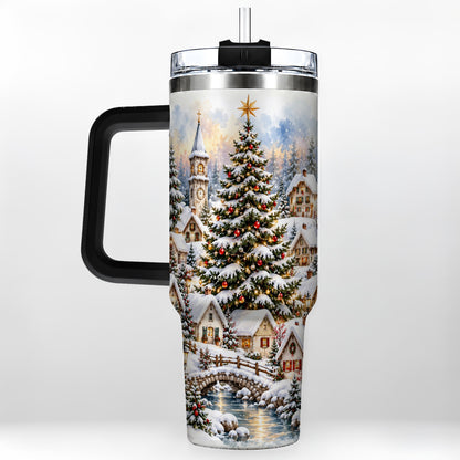 #pl[40oz|Black] Watercolor Village 40oz Tumbler with Handle, Winter Travel Cup