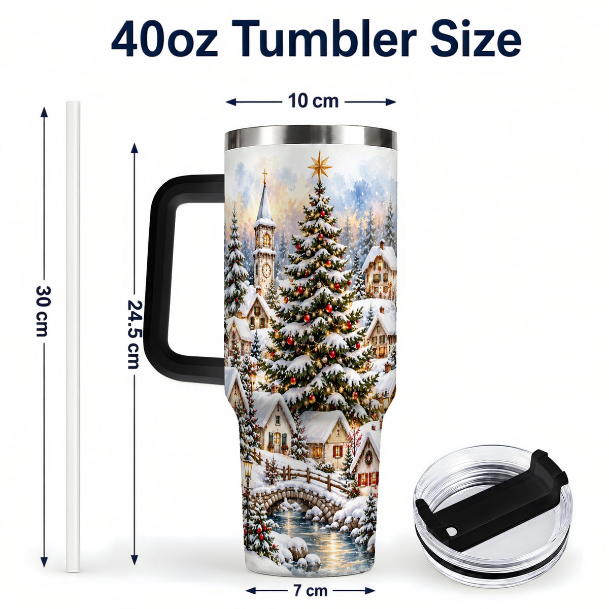 #pl[40oz|Black] Watercolor Village 40oz Tumbler with Handle, Winter Travel Cup