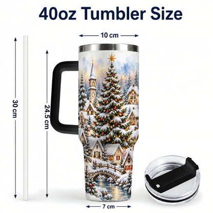 #pl[40oz|Black] Watercolor Village 40oz Tumbler with Handle, Winter Travel Cup