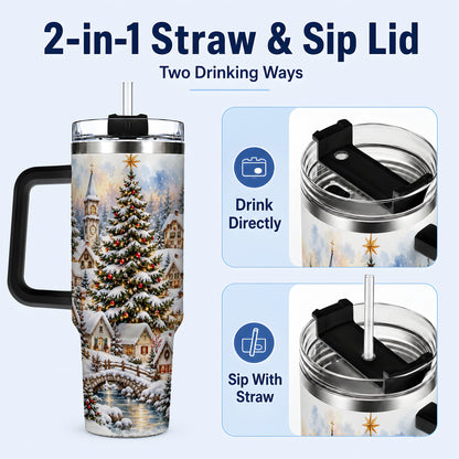 #pl[40oz|Black] Watercolor Village 40oz Tumbler with Handle, Winter Travel Cup