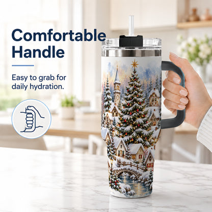 #pl[40oz|Black] Watercolor Village 40oz Tumbler with Handle, Winter Travel Cup