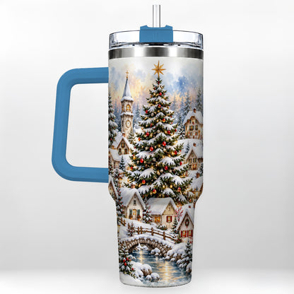 #pl[40oz|Blue] Watercolor Village 40oz Tumbler with Handle, Winter Travel Cup
