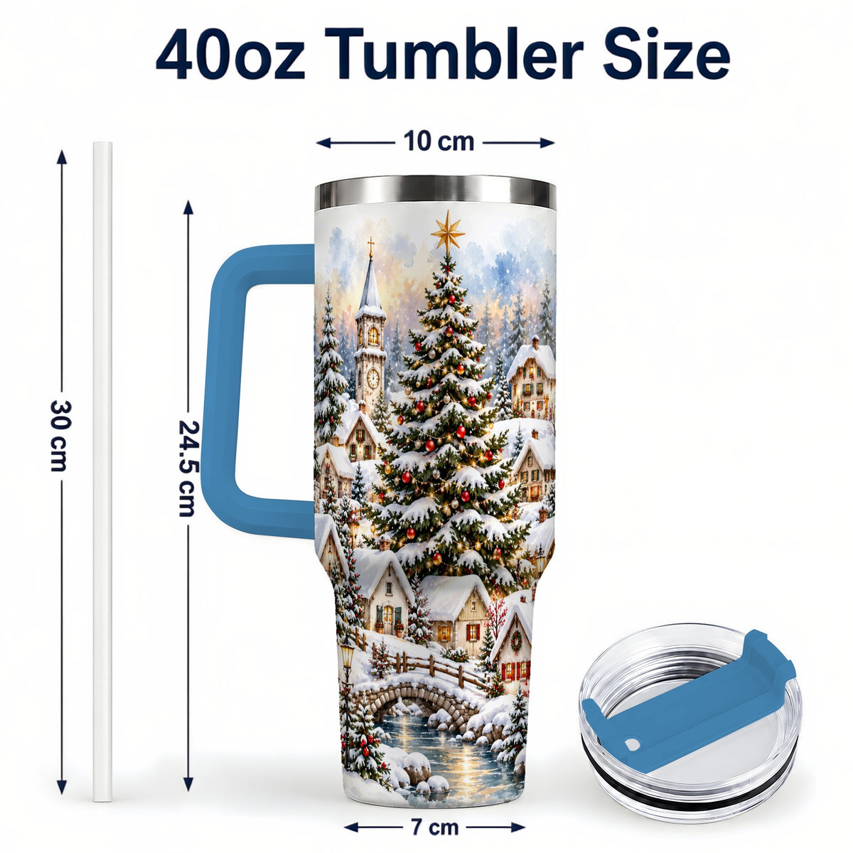 #pl[40oz|Blue] Watercolor Village 40oz Tumbler with Handle, Winter Travel Cup