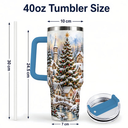 #pl[40oz|Blue] Watercolor Village 40oz Tumbler with Handle, Winter Travel Cup