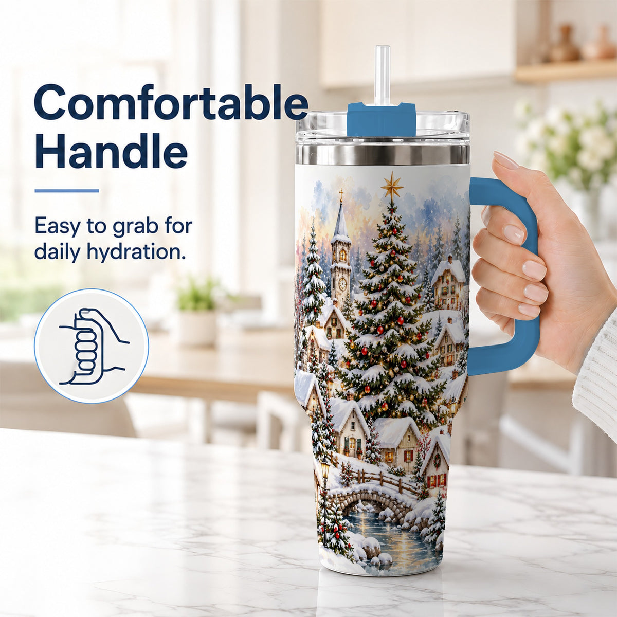 #pl[40oz|Blue] Watercolor Village 40oz Tumbler with Handle, Winter Travel Cup