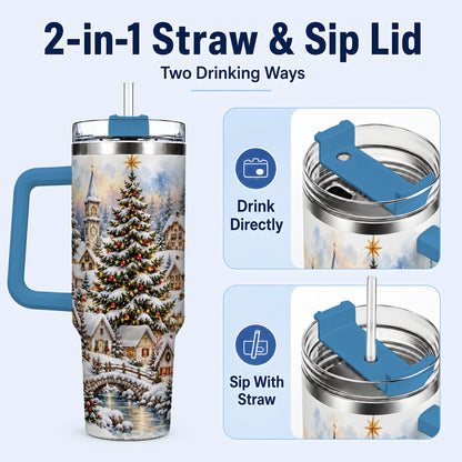 #pl[40oz|Blue] Watercolor Village 40oz Tumbler with Handle, Winter Travel Cup