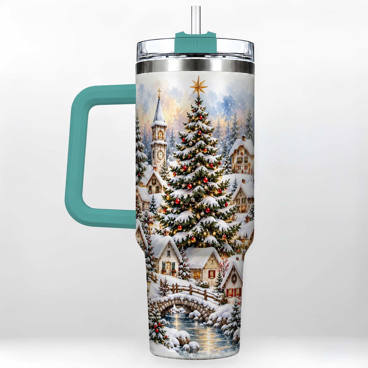 #pl[40oz|Green] Watercolor Village 40oz Tumbler with Handle, Winter Travel Cup