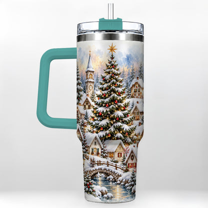 #pl[40oz|Green] Watercolor Village 40oz Tumbler with Handle, Winter Travel Cup