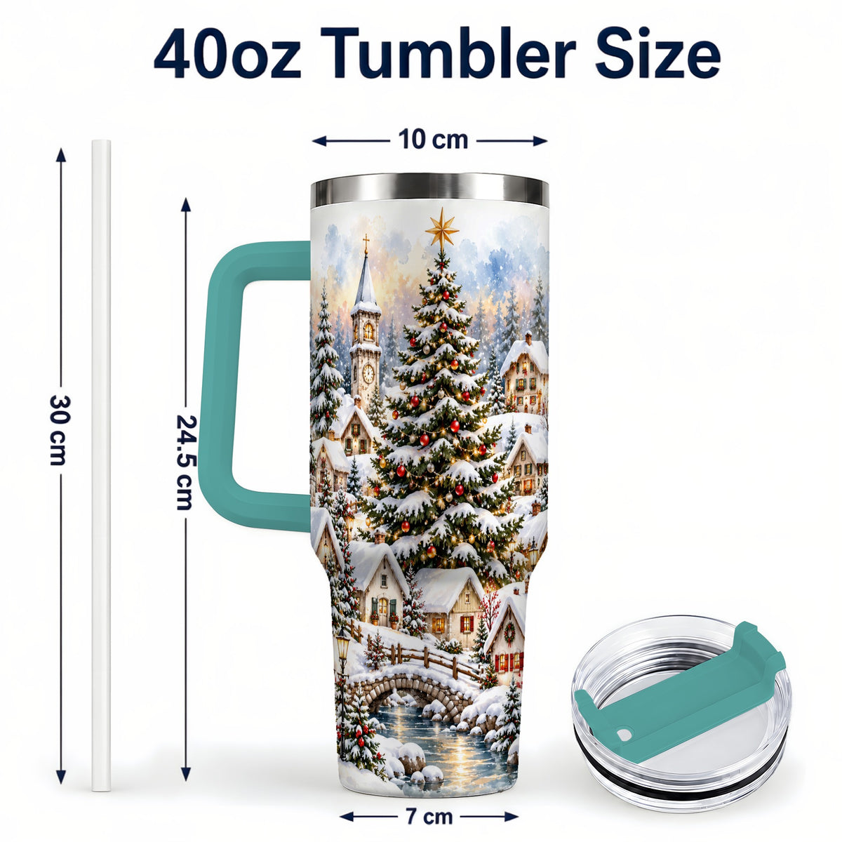 #pl[40oz|Green] Watercolor Village 40oz Tumbler with Handle, Winter Travel Cup
