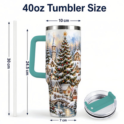 #pl[40oz|Green] Watercolor Village 40oz Tumbler with Handle, Winter Travel Cup