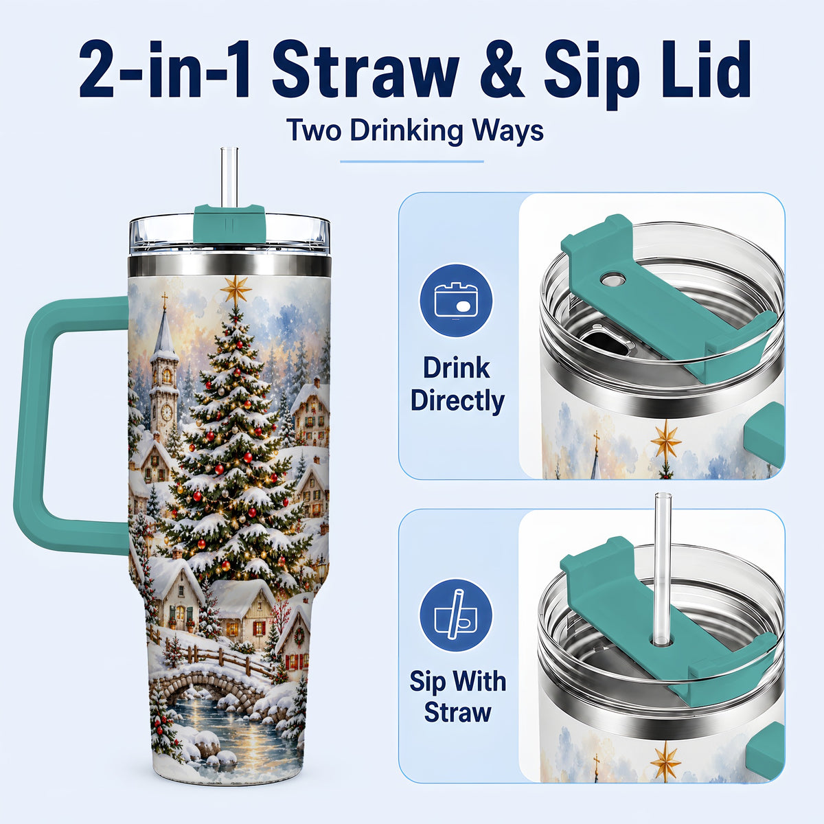 #pl[40oz|Green] Watercolor Village 40oz Tumbler with Handle, Winter Travel Cup