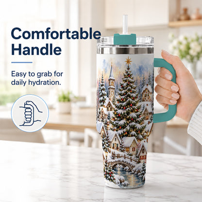 #pl[40oz|Green] Watercolor Village 40oz Tumbler with Handle, Winter Travel Cup