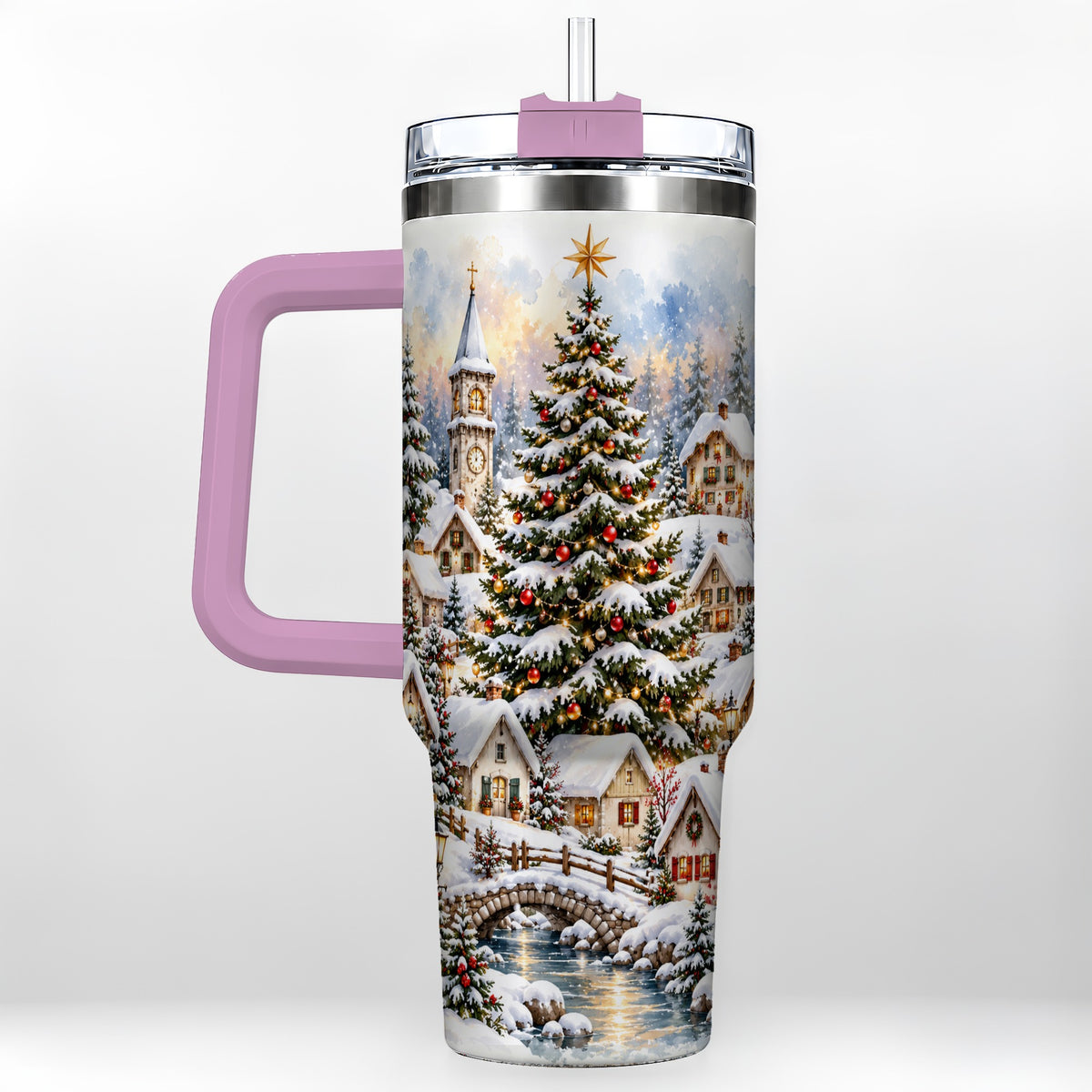 #pl[40oz|Pink] Watercolor Village 40oz Tumbler with Handle, Winter Travel Cup