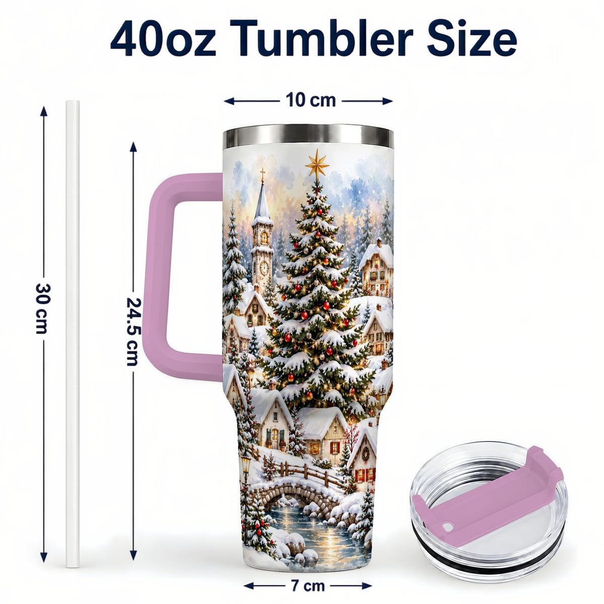 #pl[40oz|Pink] Watercolor Village 40oz Tumbler with Handle, Winter Travel Cup