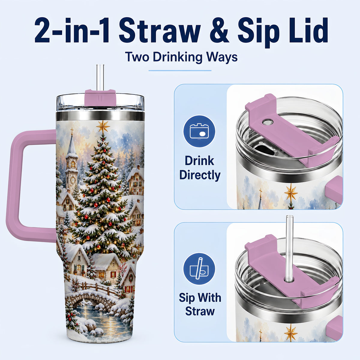 #pl[40oz|Pink] Watercolor Village 40oz Tumbler with Handle, Winter Travel Cup