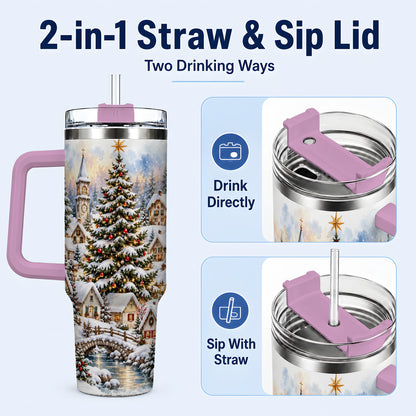 #pl[40oz|Pink] Watercolor Village 40oz Tumbler with Handle, Winter Travel Cup