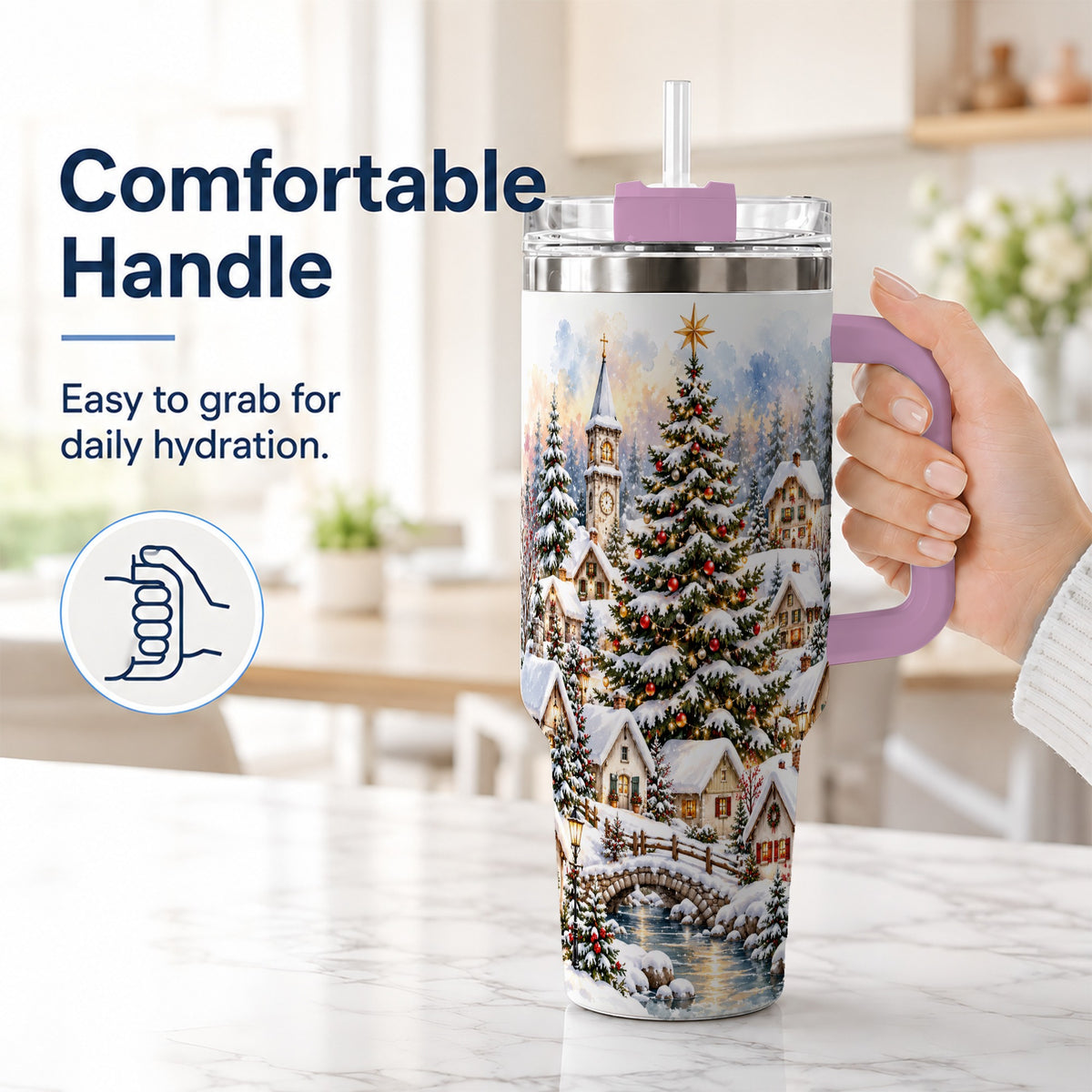 #pl[40oz|Pink] Watercolor Village 40oz Tumbler with Handle, Winter Travel Cup