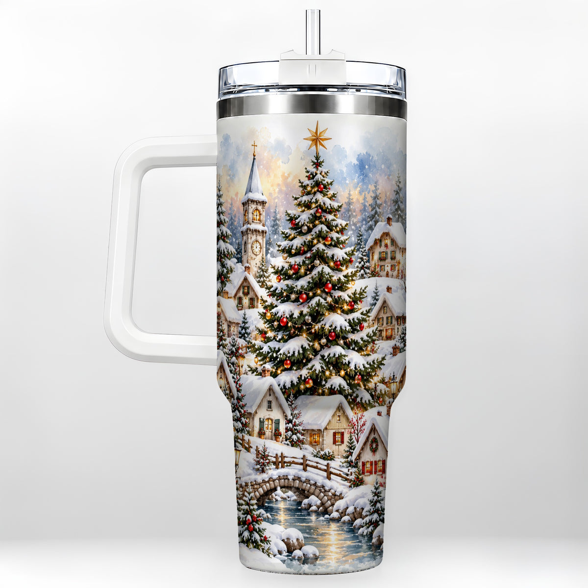 Watercolor Village 40oz Tumbler with Handle, Winter Travel Cup