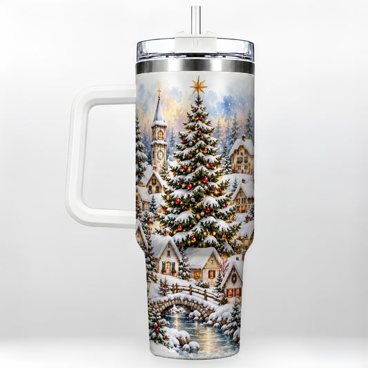 Watercolor Village 40oz Tumbler with Handle, Winter Travel Cup