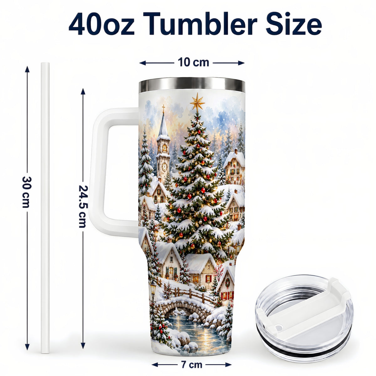 #pl[40oz|White] Watercolor Village 40oz Tumbler with Handle, Winter Travel Cup