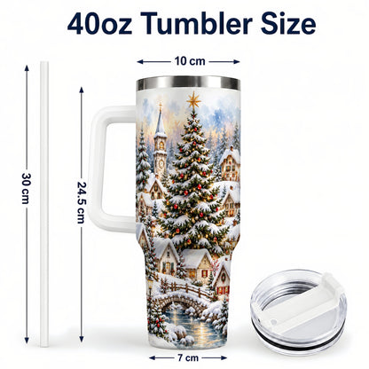 #pl[40oz|White] Watercolor Village 40oz Tumbler with Handle, Winter Travel Cup