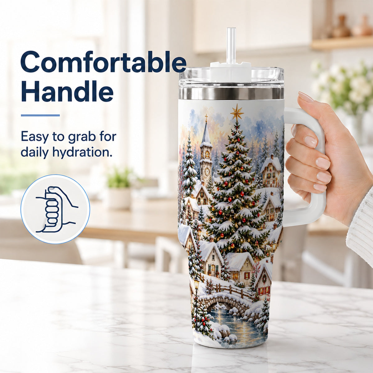 #pl[40oz|White] Watercolor Village 40oz Tumbler with Handle, Winter Travel Cup
