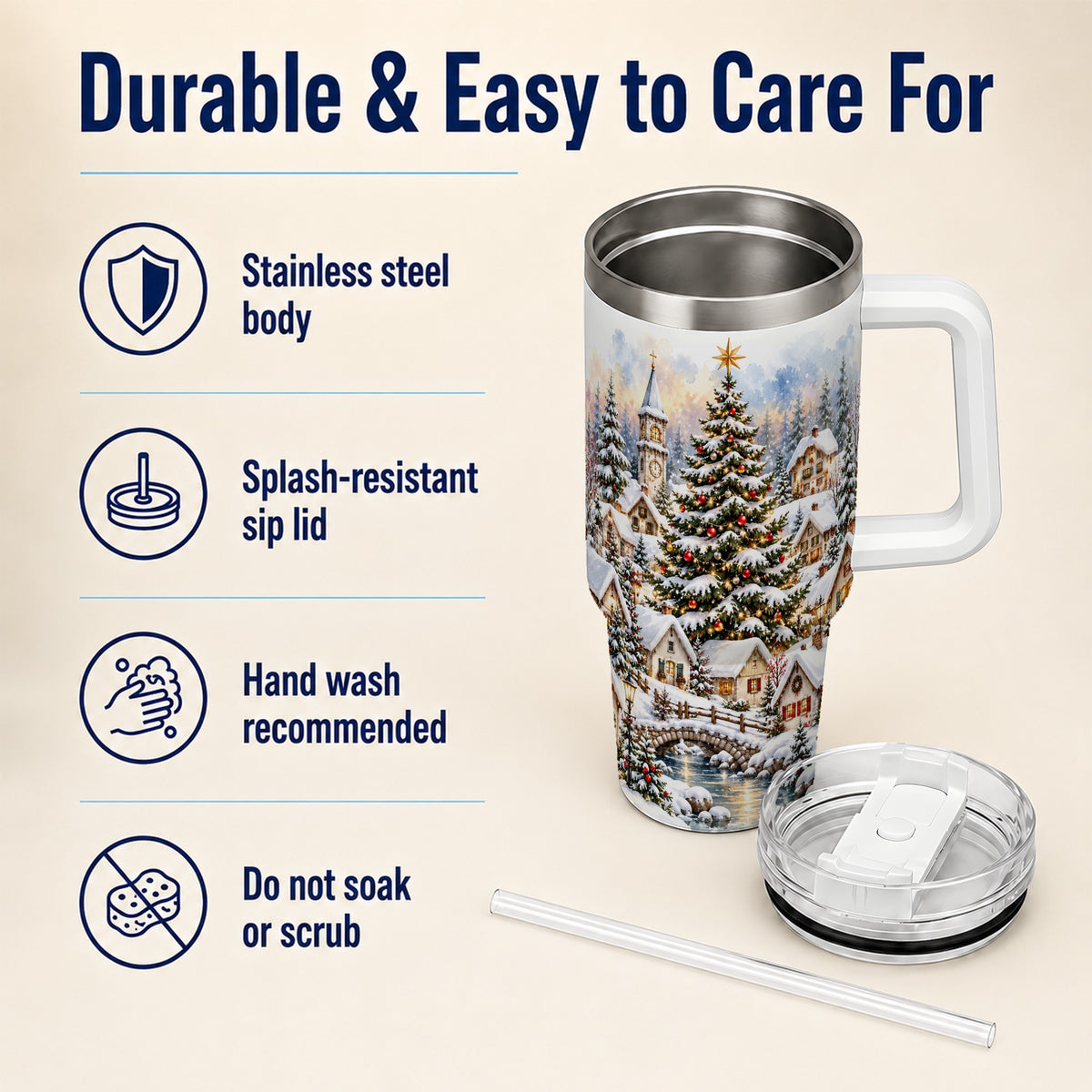 Watercolor Village 40oz Tumbler with Handle, Winter Travel Cup