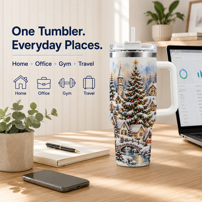 Watercolor Village 40oz Tumbler with Handle, Winter Travel Cup
